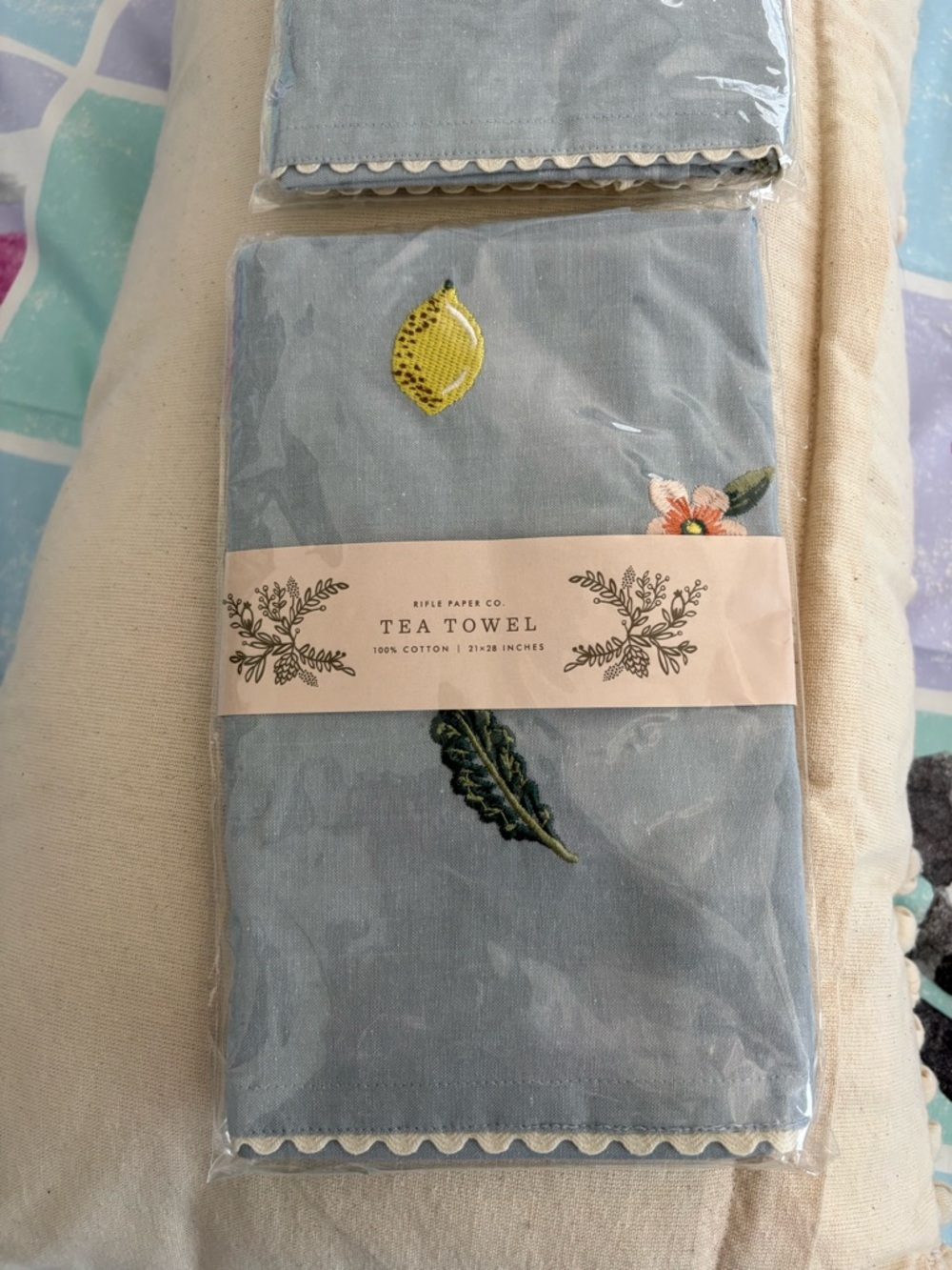 Rifle Paper Co. Light Blue Fruit & Floral Embroidered Tea Towel New In Package - Picture 3 of 4